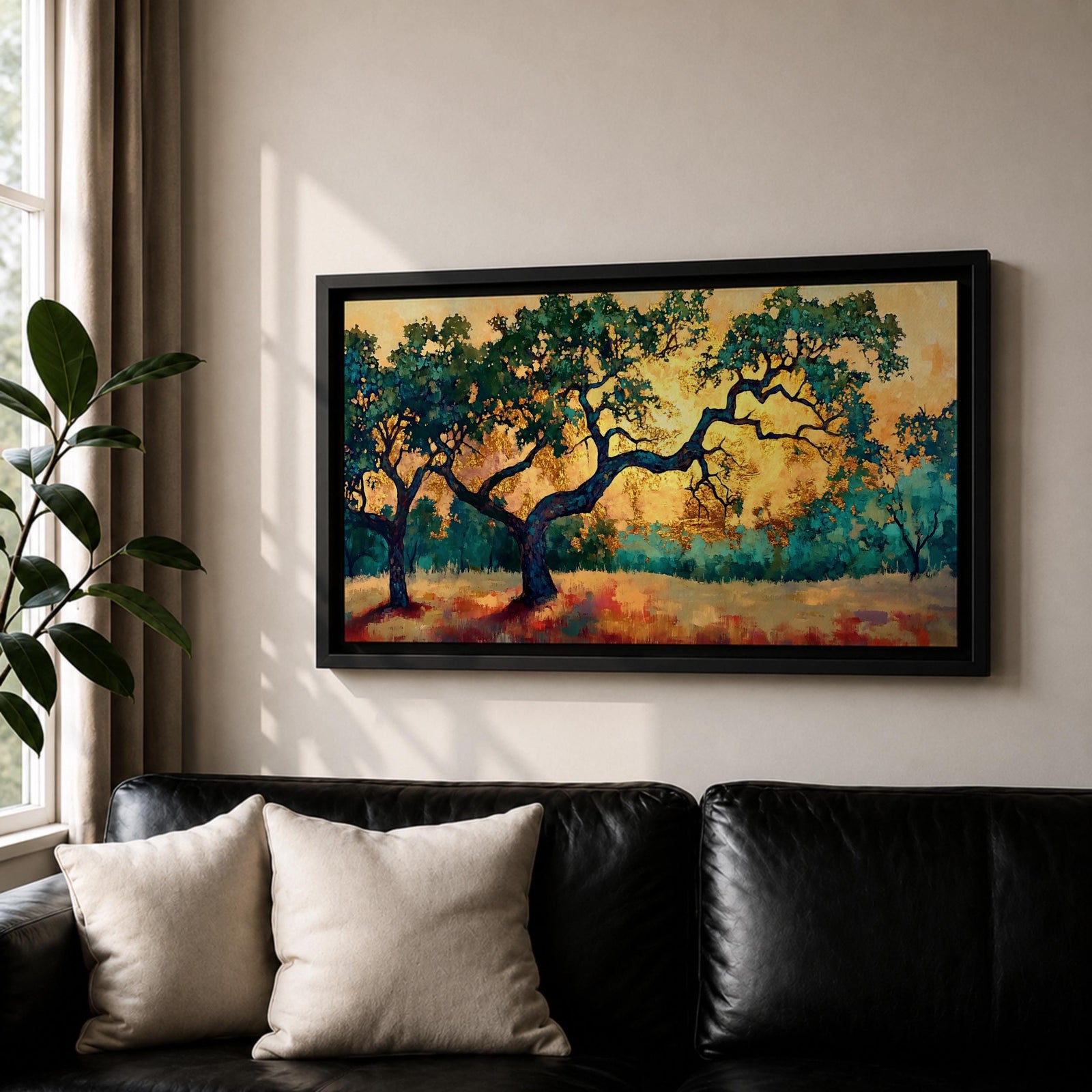 Panoramic painting of two large oak trees with twisting branches standing in a sunlit golden landscape with warm autumn tones and distant forest backdrop