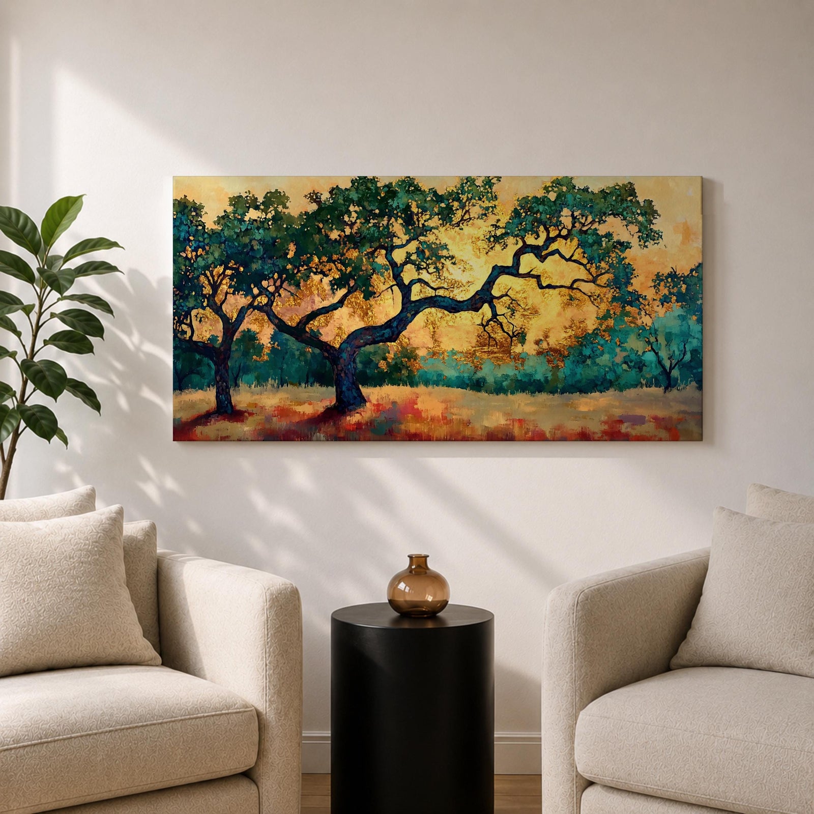 Panoramic painting of two large oak trees with twisting branches standing in a sunlit golden landscape with warm autumn tones and distant forest backdrop