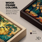 Panoramic painting of two large oak trees with twisting branches standing in a sunlit golden landscape with warm autumn tones and distant forest backdrop