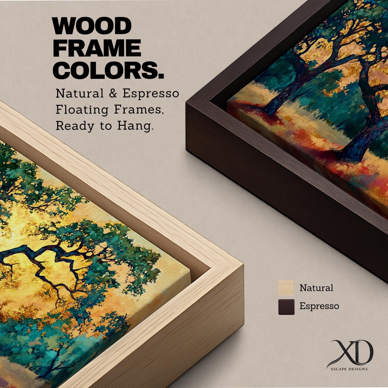 Panoramic painting of two large oak trees with twisting branches standing in a sunlit golden landscape with warm autumn tones and distant forest backdrop