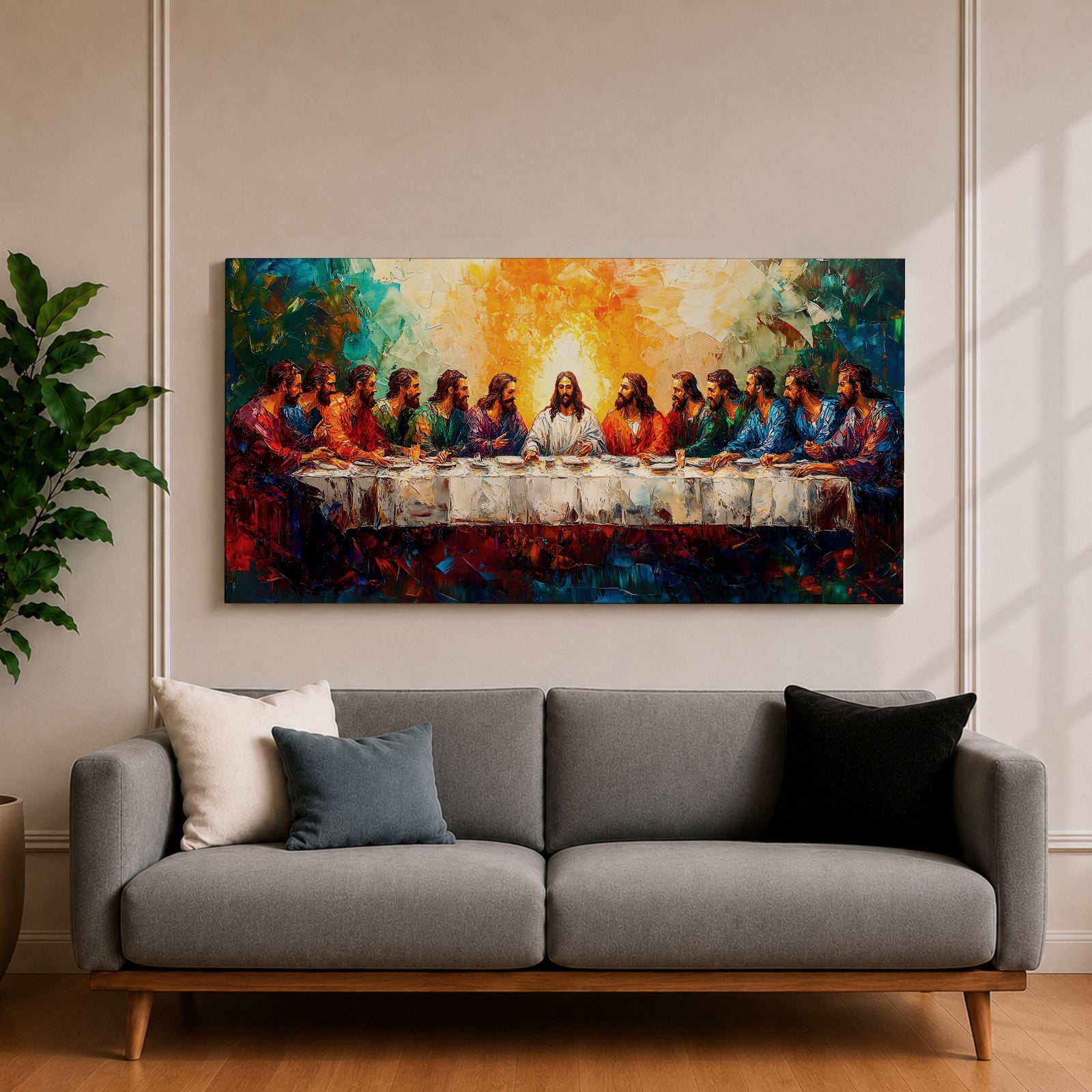 Panoramic painting of the Last Supper featuring Jesus and the twelve apostles gathered around a long table illuminated by a radiant golden light in a colorful expressive style.