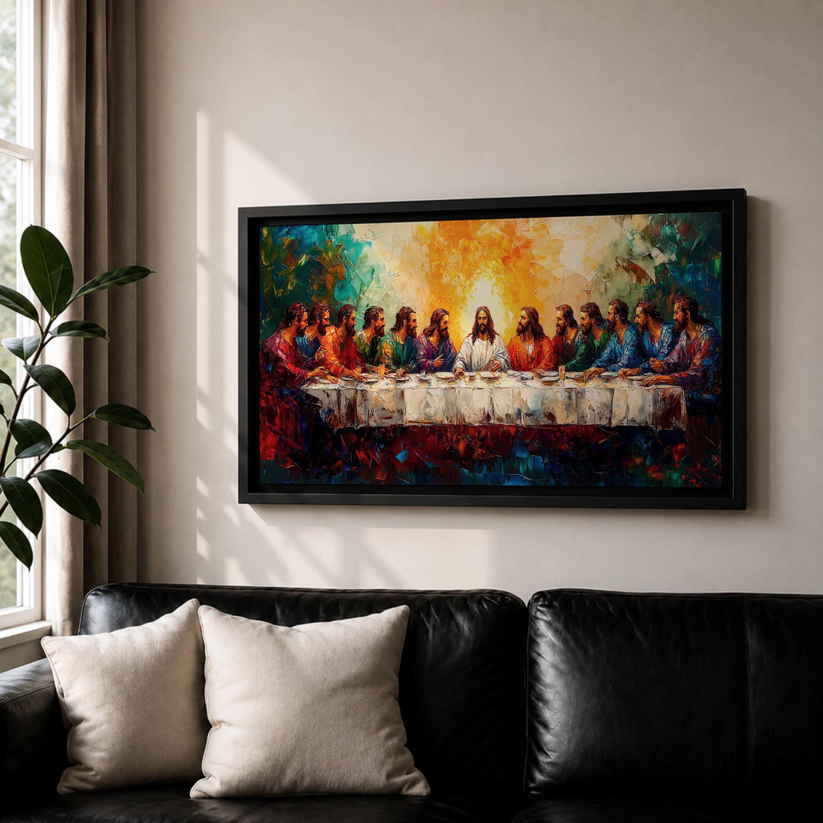 Panoramic painting of the Last Supper featuring Jesus and the twelve apostles gathered around a long table illuminated by a radiant golden light in a colorful expressive style.