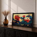 Panoramic painting of red and white peony flowers with deep blue leaves on a textured gold background in an Asian inspired floral composition