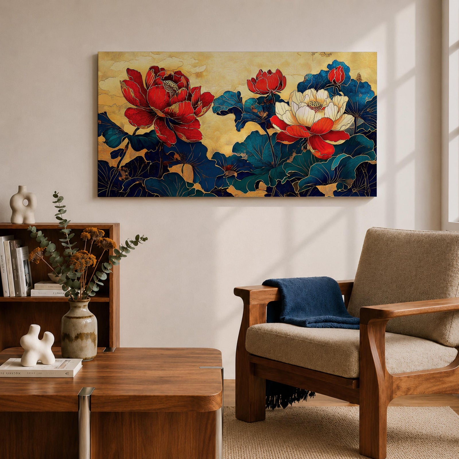 Panoramic painting of red and white peony flowers with deep blue leaves on a textured gold background in an Asian inspired floral composition