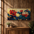Panoramic painting of red and white peony flowers with deep blue leaves on a textured gold background in an Asian inspired floral composition