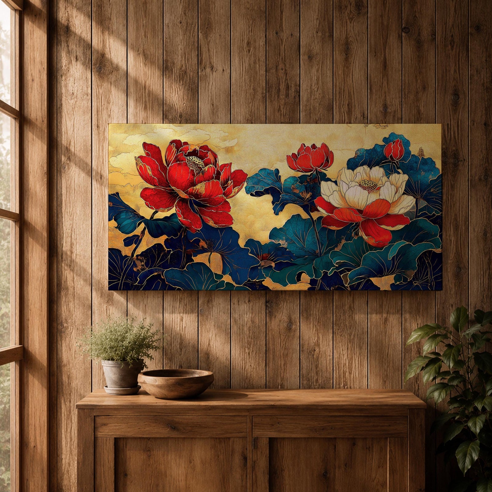 Panoramic painting of red and white peony flowers with deep blue leaves on a textured gold background in an Asian inspired floral composition