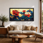 Panoramic painting of red and white peony flowers with deep blue leaves on a textured gold background in an Asian inspired floral composition