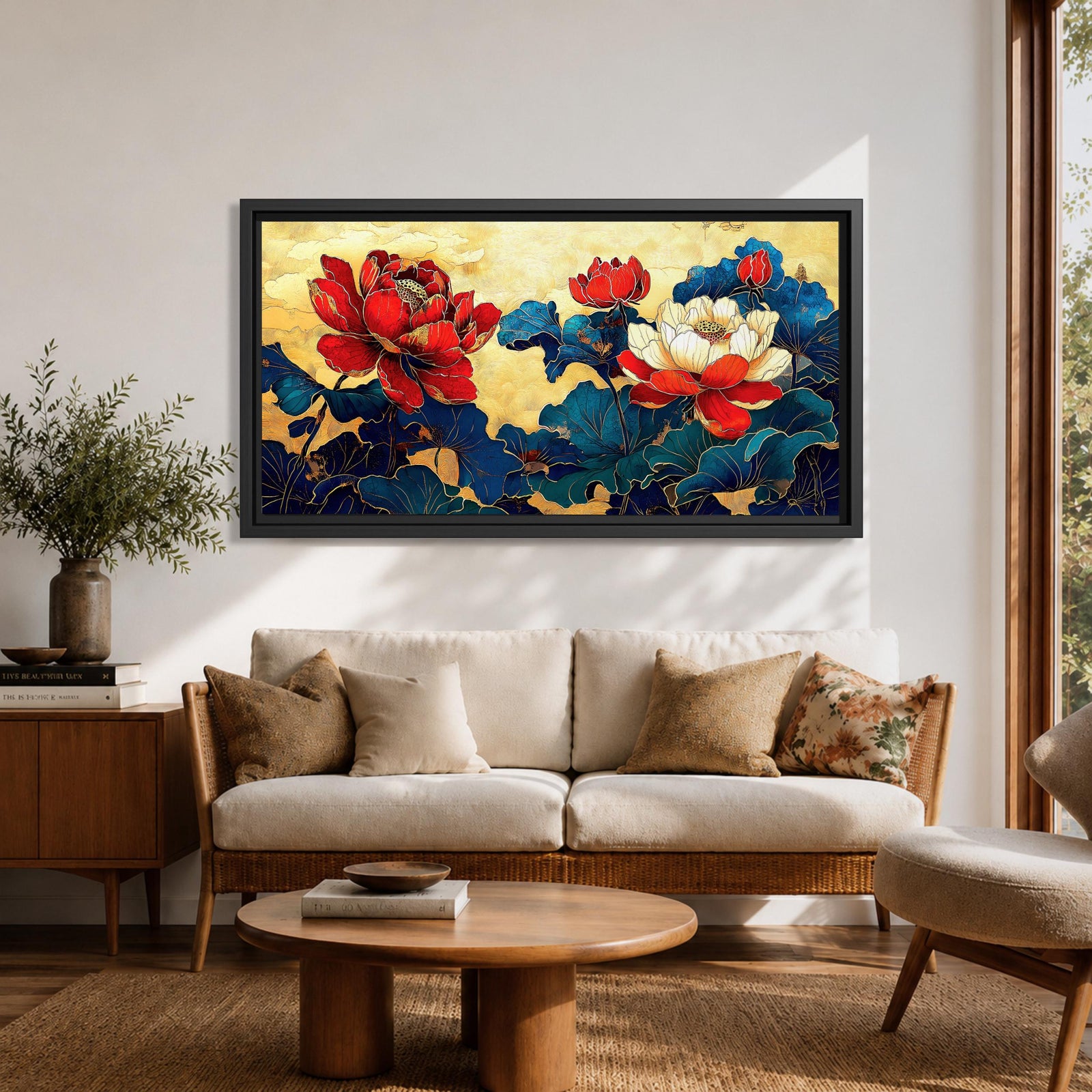 Panoramic painting of red and white peony flowers with deep blue leaves on a textured gold background in an Asian inspired floral composition