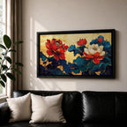 Panoramic painting of red and white peony flowers with deep blue leaves on a textured gold background in an Asian inspired floral composition