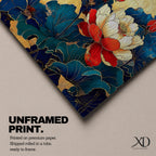 Panoramic painting of red and white peony flowers with deep blue leaves on a textured gold background in an Asian inspired floral composition