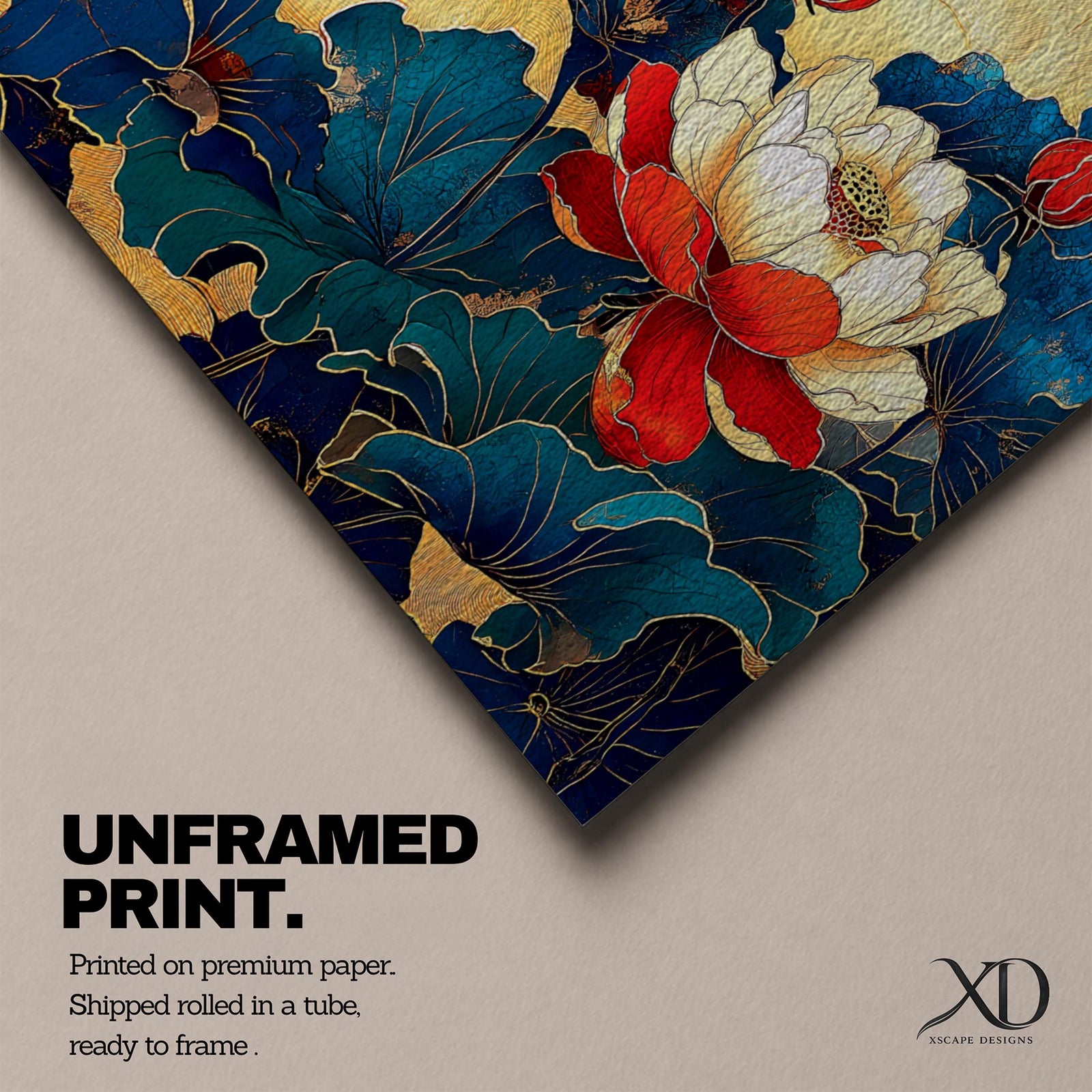 Panoramic painting of red and white peony flowers with deep blue leaves on a textured gold background in an Asian inspired floral composition