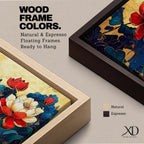 Panoramic painting of red and white peony flowers with deep blue leaves on a textured gold background in an Asian inspired floral composition