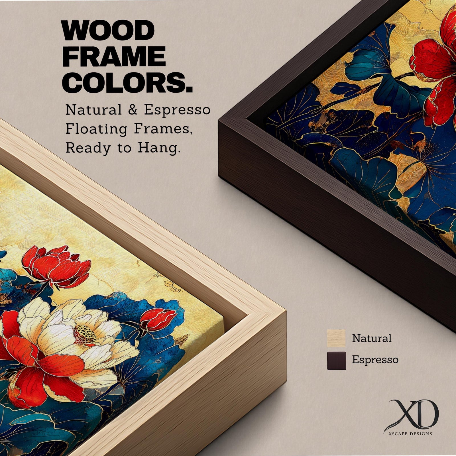 Panoramic painting of red and white peony flowers with deep blue leaves on a textured gold background in an Asian inspired floral composition