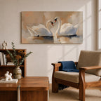 Panoramic painting depicting two white swans facing each other on calm water with their curved necks forming a heart shape. Soft brushstrokes and warm neutral tones surround the birds while gentle reflections appear on the lake surface, creating a serene composition centered on the pair of swans.