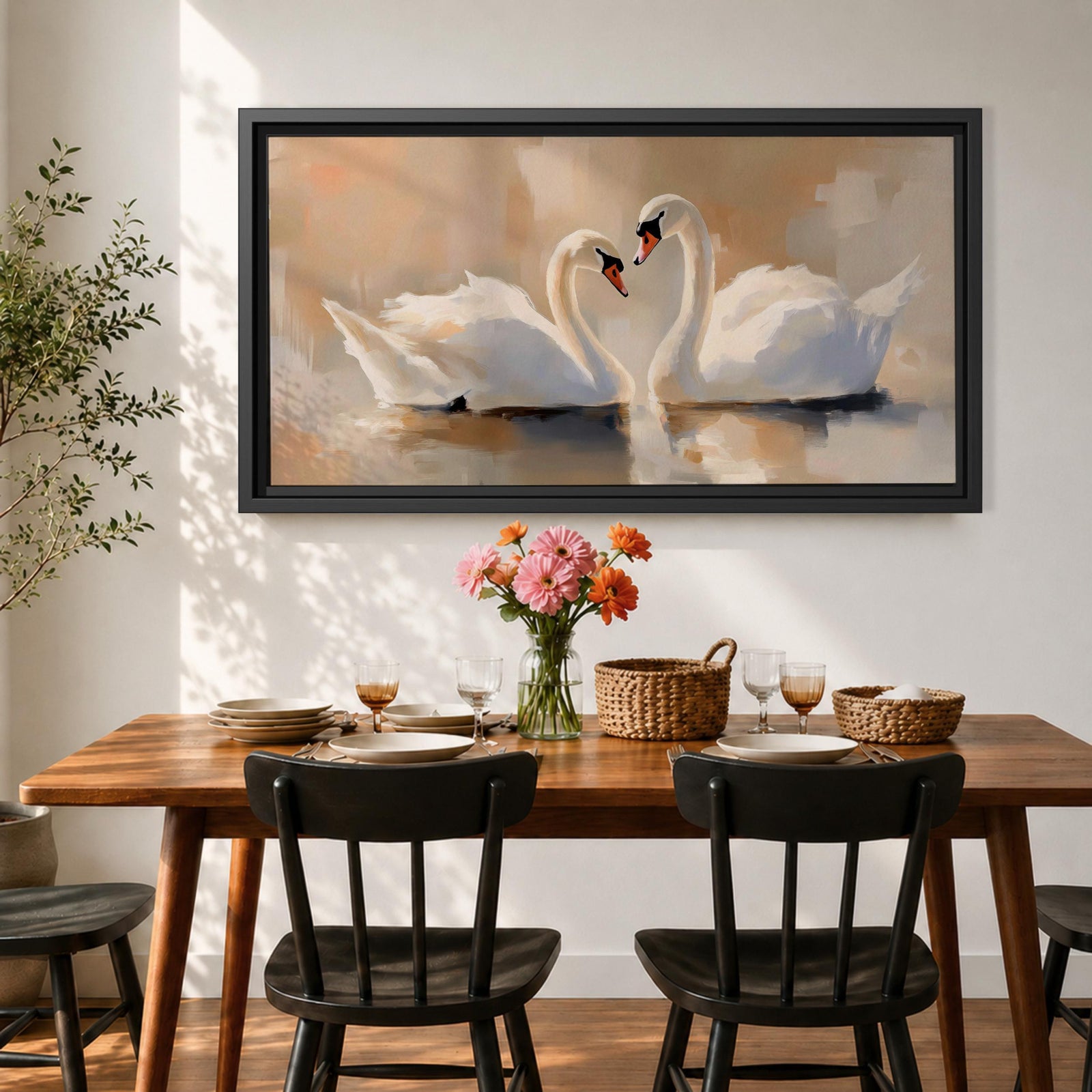 Panoramic painting depicting two white swans facing each other on calm water with their curved necks forming a heart shape. Soft brushstrokes and warm neutral tones surround the birds while gentle reflections appear on the lake surface, creating a serene composition centered on the pair of swans.
