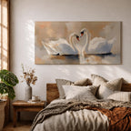Panoramic painting depicting two white swans facing each other on calm water with their curved necks forming a heart shape. Soft brushstrokes and warm neutral tones surround the birds while gentle reflections appear on the lake surface, creating a serene composition centered on the pair of swans.