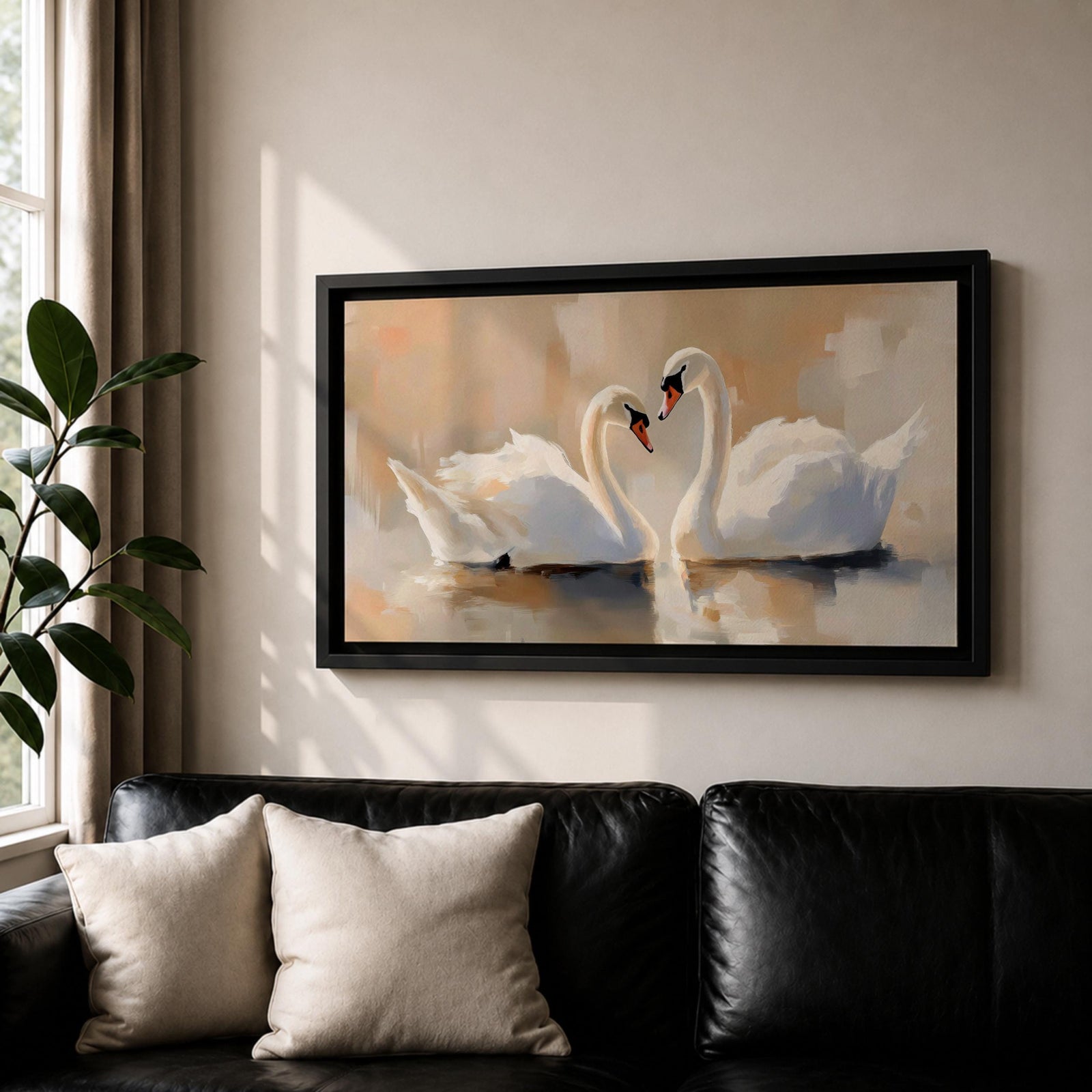 Panoramic painting depicting two white swans facing each other on calm water with their curved necks forming a heart shape. Soft brushstrokes and warm neutral tones surround the birds while gentle reflections appear on the lake surface, creating a serene composition centered on the pair of swans.