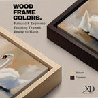 Panoramic painting depicting two white swans facing each other on calm water with their curved necks forming a heart shape. Soft brushstrokes and warm neutral tones surround the birds while gentle reflections appear on the lake surface, creating a serene composition centered on the pair of swans.