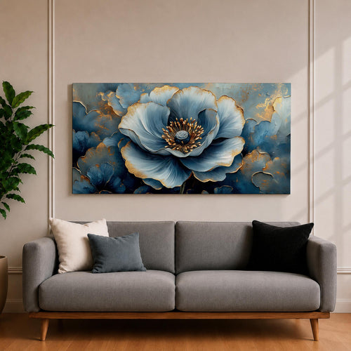 Panoramic floral artwork featuring a large blue poppy bloom with layered petals highlighted by soft gold accents and textured brushstrokes. The central flower is surrounded by additional blue blossoms and dark botanical forms creating depth, with rich blue tones and metallic details emphasizing the petals and center of the flower.