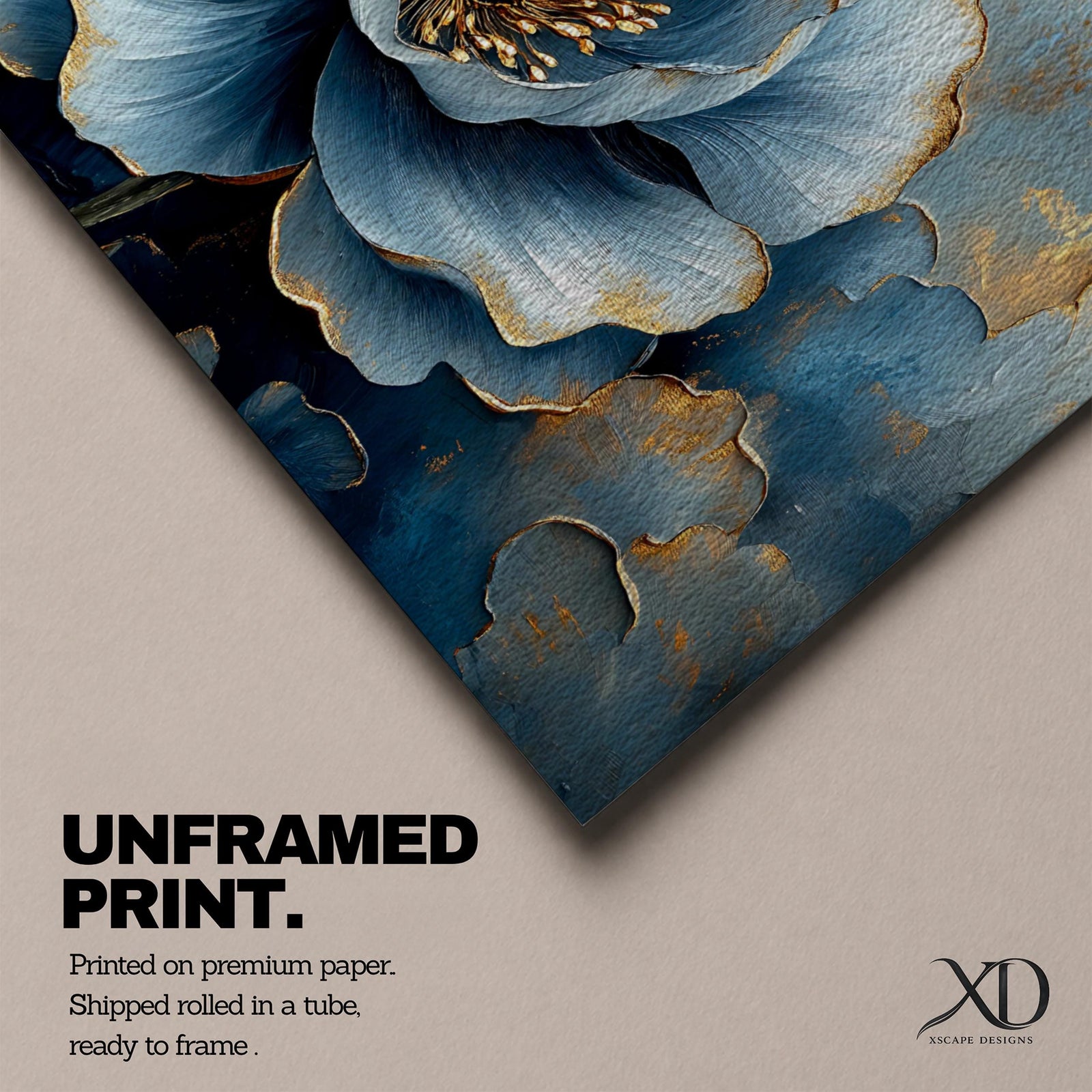 Panoramic floral artwork featuring a large blue poppy bloom with layered petals highlighted by soft gold accents and textured brushstrokes. The central flower is surrounded by additional blue blossoms and dark botanical forms creating depth, with rich blue tones and metallic details emphasizing the petals and center of the flower.