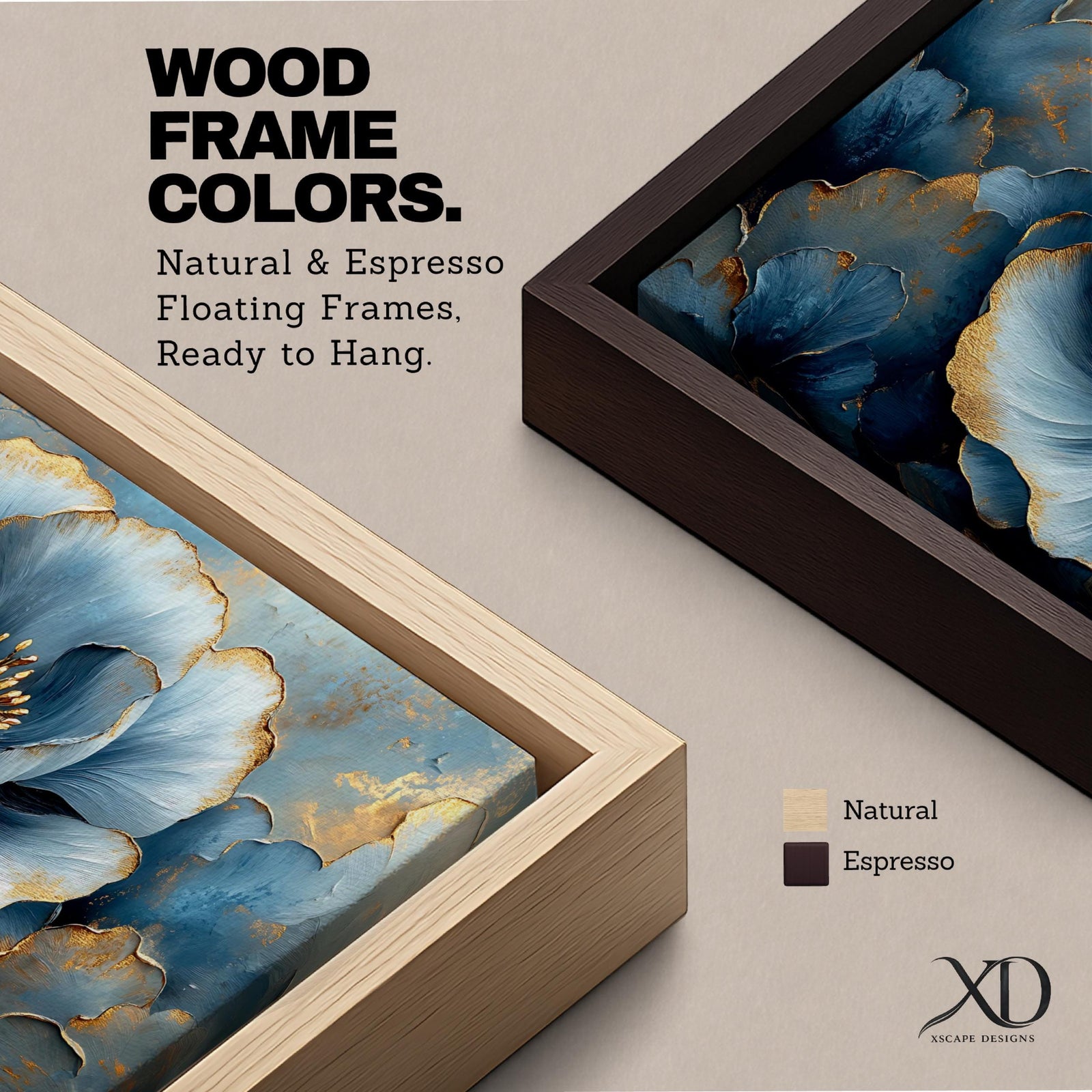 Panoramic floral artwork featuring a large blue poppy bloom with layered petals highlighted by soft gold accents and textured brushstrokes. The central flower is surrounded by additional blue blossoms and dark botanical forms creating depth, with rich blue tones and metallic details emphasizing the petals and center of the flower.