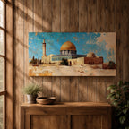 Panoramic painting depicting Masjid Al Aqsa and the golden Dome of the Rock rising above historic Jerusalem stone architecture. A tall minaret and surrounding buildings appear beneath a textured blue sky while warm earth tones and layered brushstrokes emphasize the iconic skyline and historic Islamic landmarks of the holy city.
