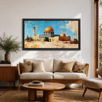 Panoramic painting depicting Masjid Al Aqsa and the golden Dome of the Rock rising above historic Jerusalem stone architecture. A tall minaret and surrounding buildings appear beneath a textured blue sky while warm earth tones and layered brushstrokes emphasize the iconic skyline and historic Islamic landmarks of the holy city.