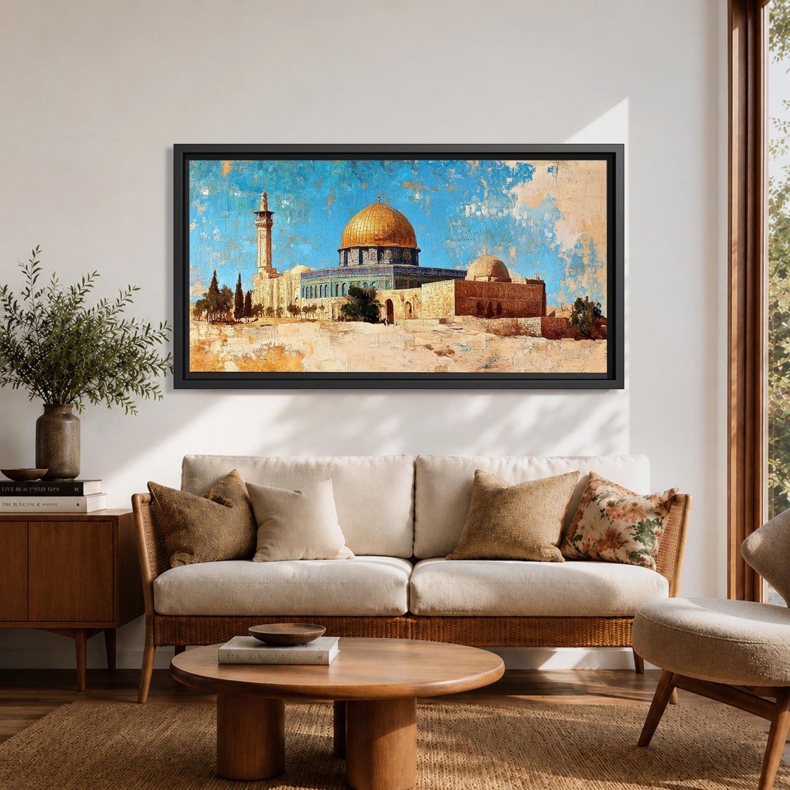 Panoramic painting depicting Masjid Al Aqsa and the golden Dome of the Rock rising above historic Jerusalem stone architecture. A tall minaret and surrounding buildings appear beneath a textured blue sky while warm earth tones and layered brushstrokes emphasize the iconic skyline and historic Islamic landmarks of the holy city.