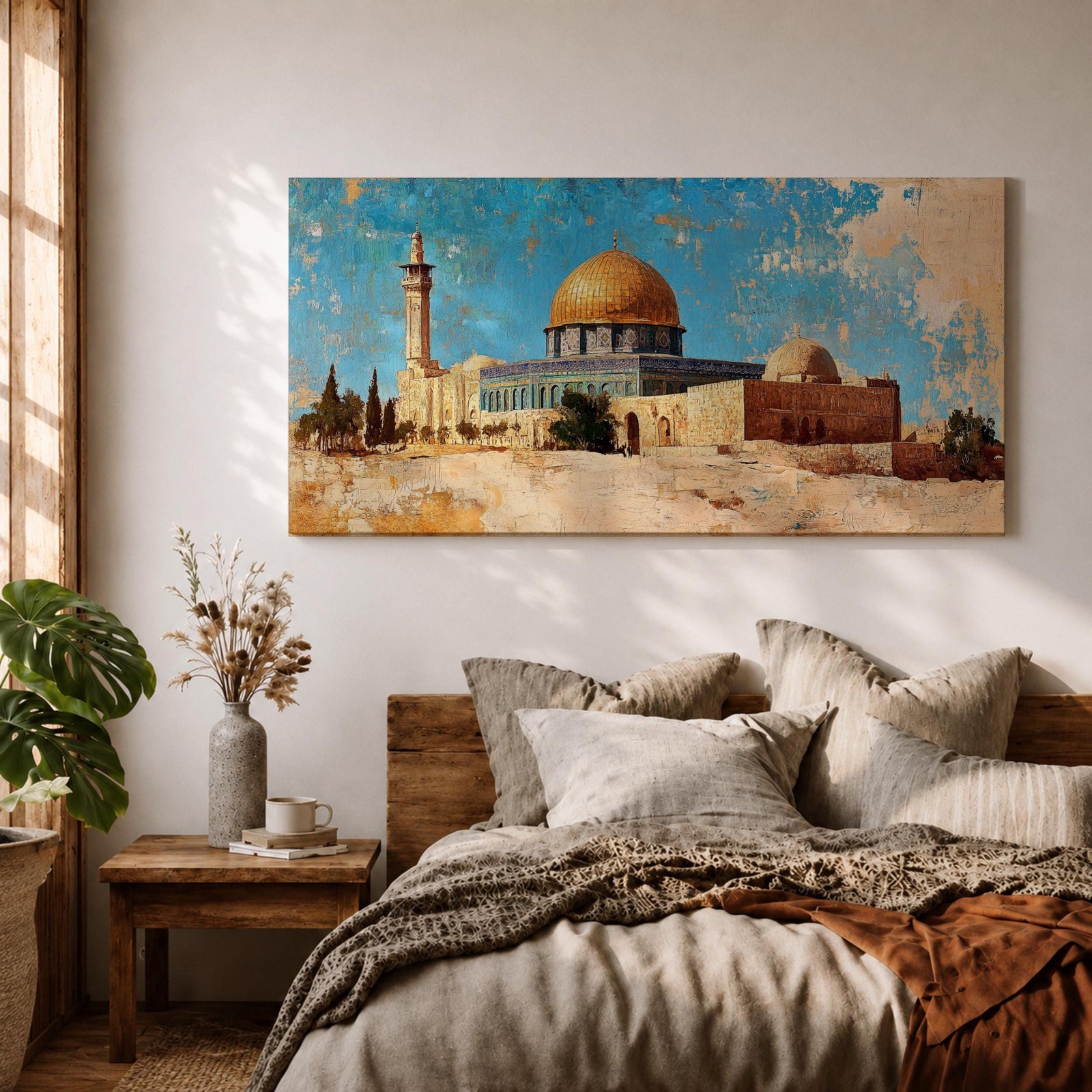 Panoramic painting depicting Masjid Al Aqsa and the golden Dome of the Rock rising above historic Jerusalem stone architecture. A tall minaret and surrounding buildings appear beneath a textured blue sky while warm earth tones and layered brushstrokes emphasize the iconic skyline and historic Islamic landmarks of the holy city.