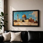 Panoramic painting depicting Masjid Al Aqsa and the golden Dome of the Rock rising above historic Jerusalem stone architecture. A tall minaret and surrounding buildings appear beneath a textured blue sky while warm earth tones and layered brushstrokes emphasize the iconic skyline and historic Islamic landmarks of the holy city.