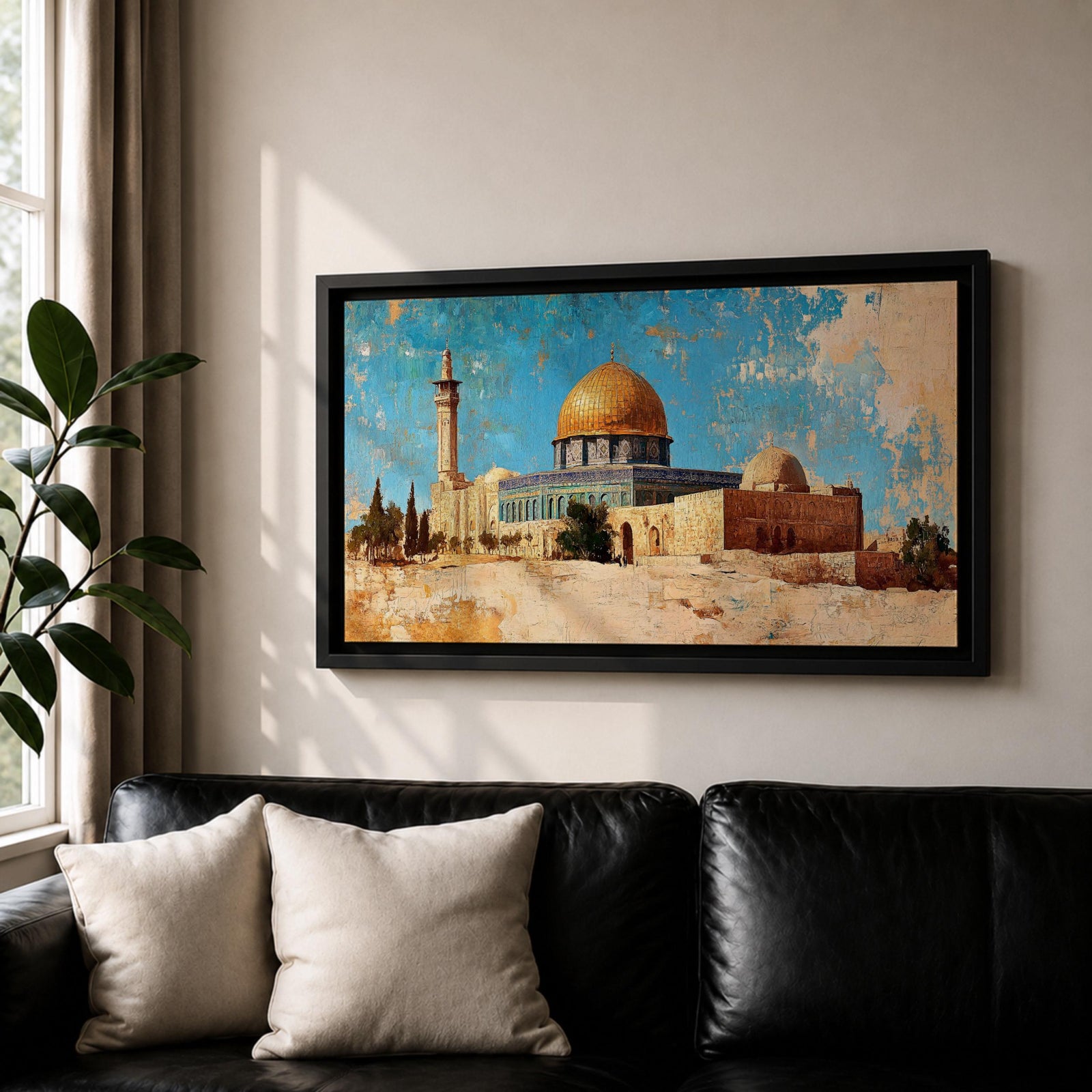 Panoramic painting depicting Masjid Al Aqsa and the golden Dome of the Rock rising above historic Jerusalem stone architecture. A tall minaret and surrounding buildings appear beneath a textured blue sky while warm earth tones and layered brushstrokes emphasize the iconic skyline and historic Islamic landmarks of the holy city.
