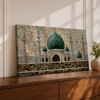 Panoramic mosaic style artwork depicting Masjid Nabawi with its iconic green dome and surrounding minarets rising above detailed stone architecture. The scene is composed of small tile like shapes forming the mosque walls, domes, and decorative patterns, emphasizing the central green dome and symmetrical Islamic architecture.