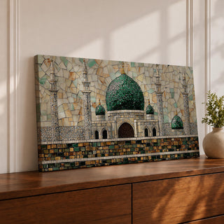 Panoramic mosaic style artwork depicting Masjid Nabawi with its iconic green dome and surrounding minarets rising above detailed stone architecture. The scene is composed of small tile like shapes forming the mosque walls, domes, and decorative patterns, emphasizing the central green dome and symmetrical Islamic architecture.
