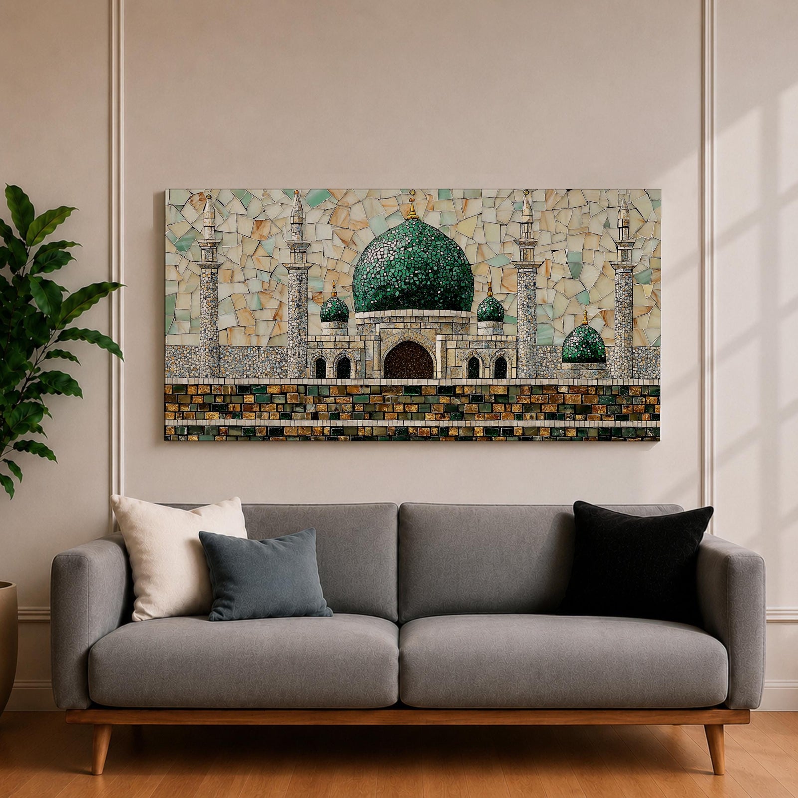 Panoramic mosaic style artwork depicting Masjid Nabawi with its iconic green dome and surrounding minarets rising above detailed stone architecture. The scene is composed of small tile like shapes forming the mosque walls, domes, and decorative patterns, emphasizing the central green dome and symmetrical Islamic architecture.