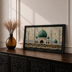 Panoramic mosaic style artwork depicting Masjid Nabawi with its iconic green dome and surrounding minarets rising above detailed stone architecture. The scene is composed of small tile like shapes forming the mosque walls, domes, and decorative patterns, emphasizing the central green dome and symmetrical Islamic architecture.