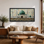 Panoramic mosaic style artwork depicting Masjid Nabawi with its iconic green dome and surrounding minarets rising above detailed stone architecture. The scene is composed of small tile like shapes forming the mosque walls, domes, and decorative patterns, emphasizing the central green dome and symmetrical Islamic architecture.