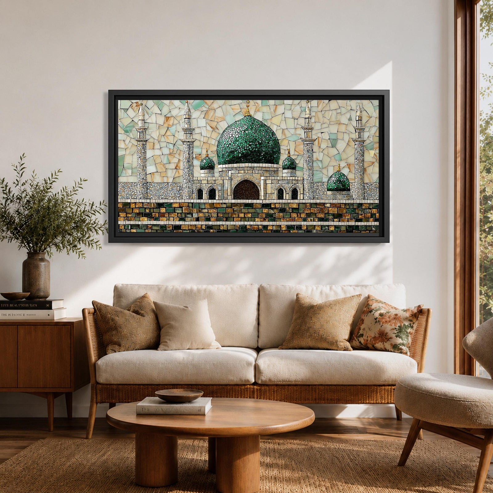 Panoramic mosaic style artwork depicting Masjid Nabawi with its iconic green dome and surrounding minarets rising above detailed stone architecture. The scene is composed of small tile like shapes forming the mosque walls, domes, and decorative patterns, emphasizing the central green dome and symmetrical Islamic architecture.