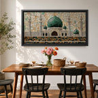 Panoramic mosaic style artwork depicting Masjid Nabawi with its iconic green dome and surrounding minarets rising above detailed stone architecture. The scene is composed of small tile like shapes forming the mosque walls, domes, and decorative patterns, emphasizing the central green dome and symmetrical Islamic architecture.