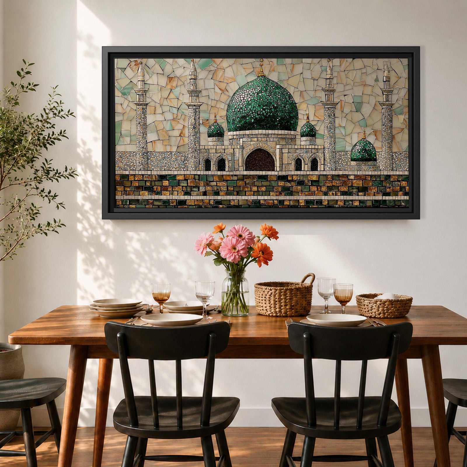 Panoramic mosaic style artwork depicting Masjid Nabawi with its iconic green dome and surrounding minarets rising above detailed stone architecture. The scene is composed of small tile like shapes forming the mosque walls, domes, and decorative patterns, emphasizing the central green dome and symmetrical Islamic architecture.