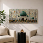 Panoramic mosaic style artwork depicting Masjid Nabawi with its iconic green dome and surrounding minarets rising above detailed stone architecture. The scene is composed of small tile like shapes forming the mosque walls, domes, and decorative patterns, emphasizing the central green dome and symmetrical Islamic architecture.
