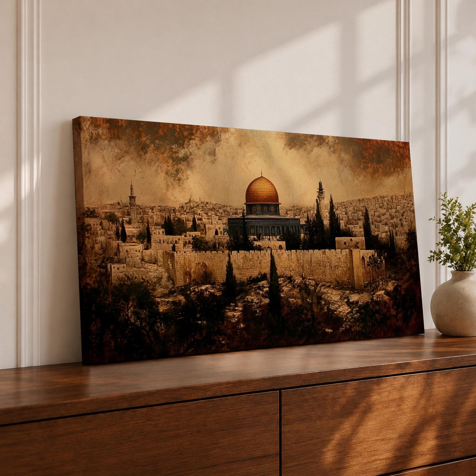 Panoramic painting depicting Masjid Al Aqsa and the golden Dome of the Rock rising above the historic stone walls of Jerusalem. The skyline shows dense ancient buildings, minarets, and fortified walls surrounding the sacred complex, with warm earth tones and textured brushstrokes emphasizing the historic holy city landscape.