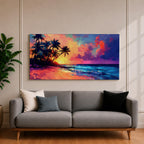 Panoramic tropical beach painting featuring tall palm trees leaning over a sandy shoreline as waves meet the coast beneath a vivid sunset. The sky glows with bold colors of orange, pink, purple, and blue reflecting across the ocean water, creating a dramatic island sunset scene with expressive brushstrokes.