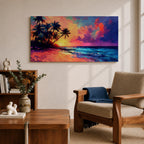 Panoramic tropical beach painting featuring tall palm trees leaning over a sandy shoreline as waves meet the coast beneath a vivid sunset. The sky glows with bold colors of orange, pink, purple, and blue reflecting across the ocean water, creating a dramatic island sunset scene with expressive brushstrokes.