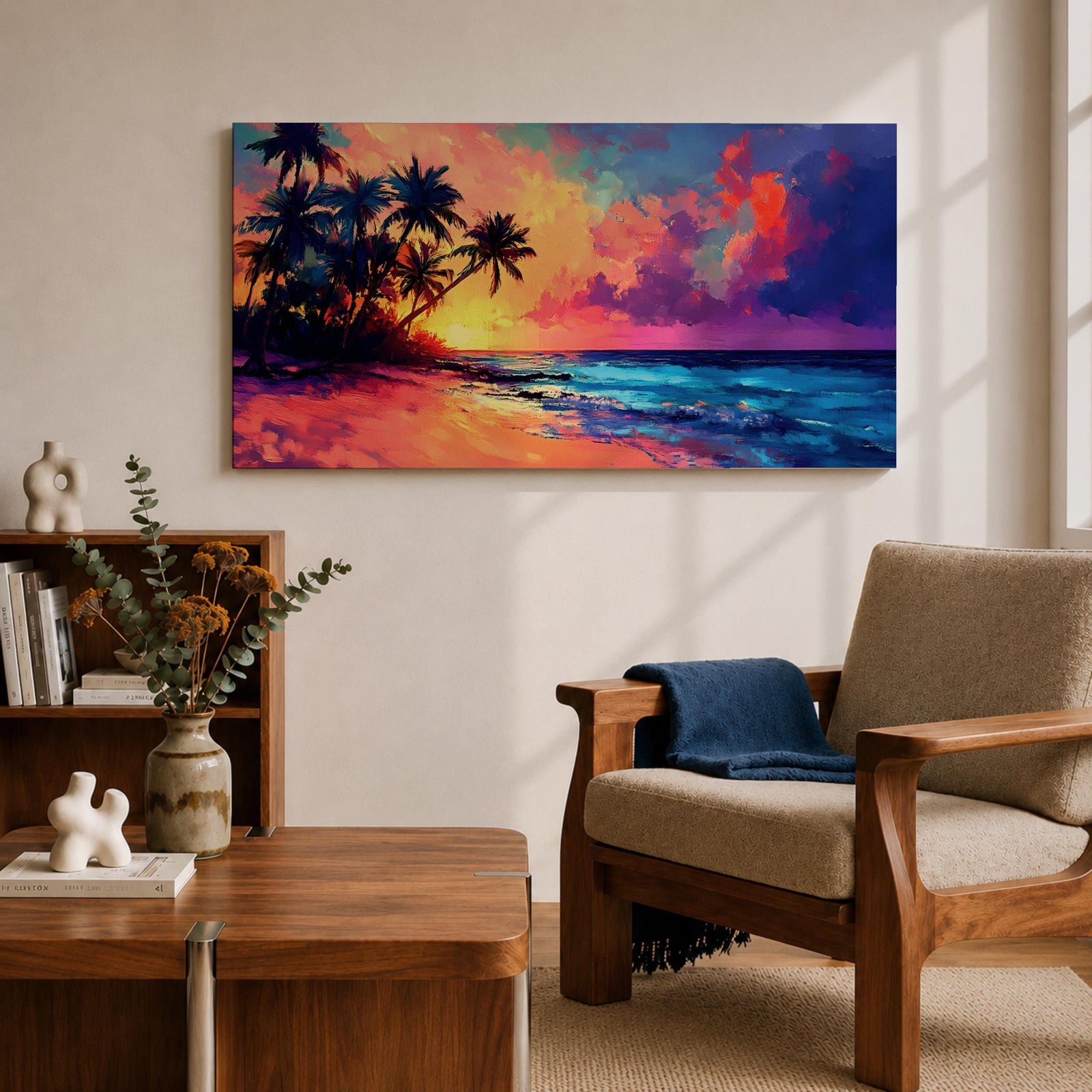 Panoramic tropical beach painting featuring tall palm trees leaning over a sandy shoreline as waves meet the coast beneath a vivid sunset. The sky glows with bold colors of orange, pink, purple, and blue reflecting across the ocean water, creating a dramatic island sunset scene with expressive brushstrokes.