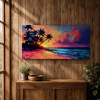 Panoramic tropical beach painting featuring tall palm trees leaning over a sandy shoreline as waves meet the coast beneath a vivid sunset. The sky glows with bold colors of orange, pink, purple, and blue reflecting across the ocean water, creating a dramatic island sunset scene with expressive brushstrokes.