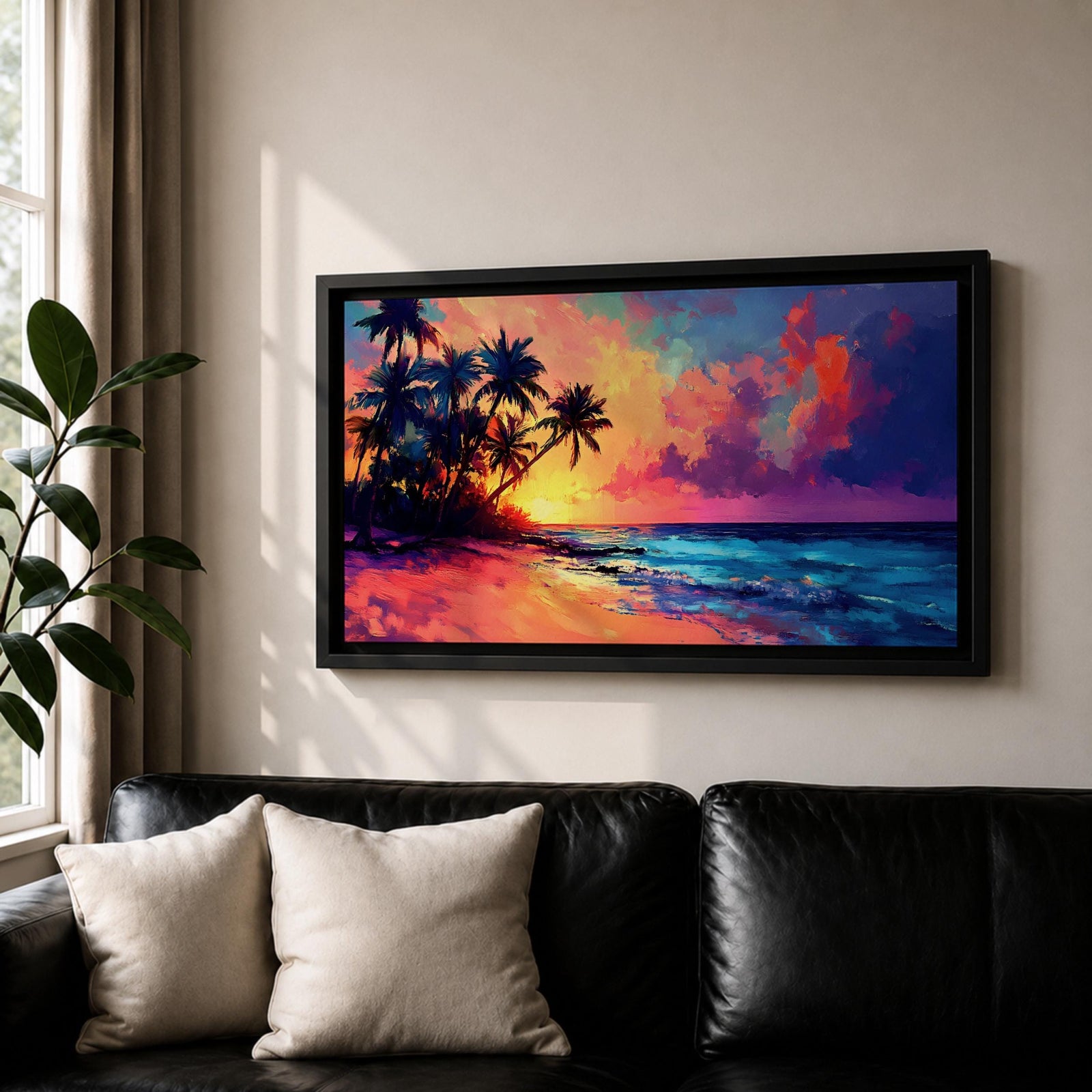 Panoramic tropical beach painting featuring tall palm trees leaning over a sandy shoreline as waves meet the coast beneath a vivid sunset. The sky glows with bold colors of orange, pink, purple, and blue reflecting across the ocean water, creating a dramatic island sunset scene with expressive brushstrokes.
