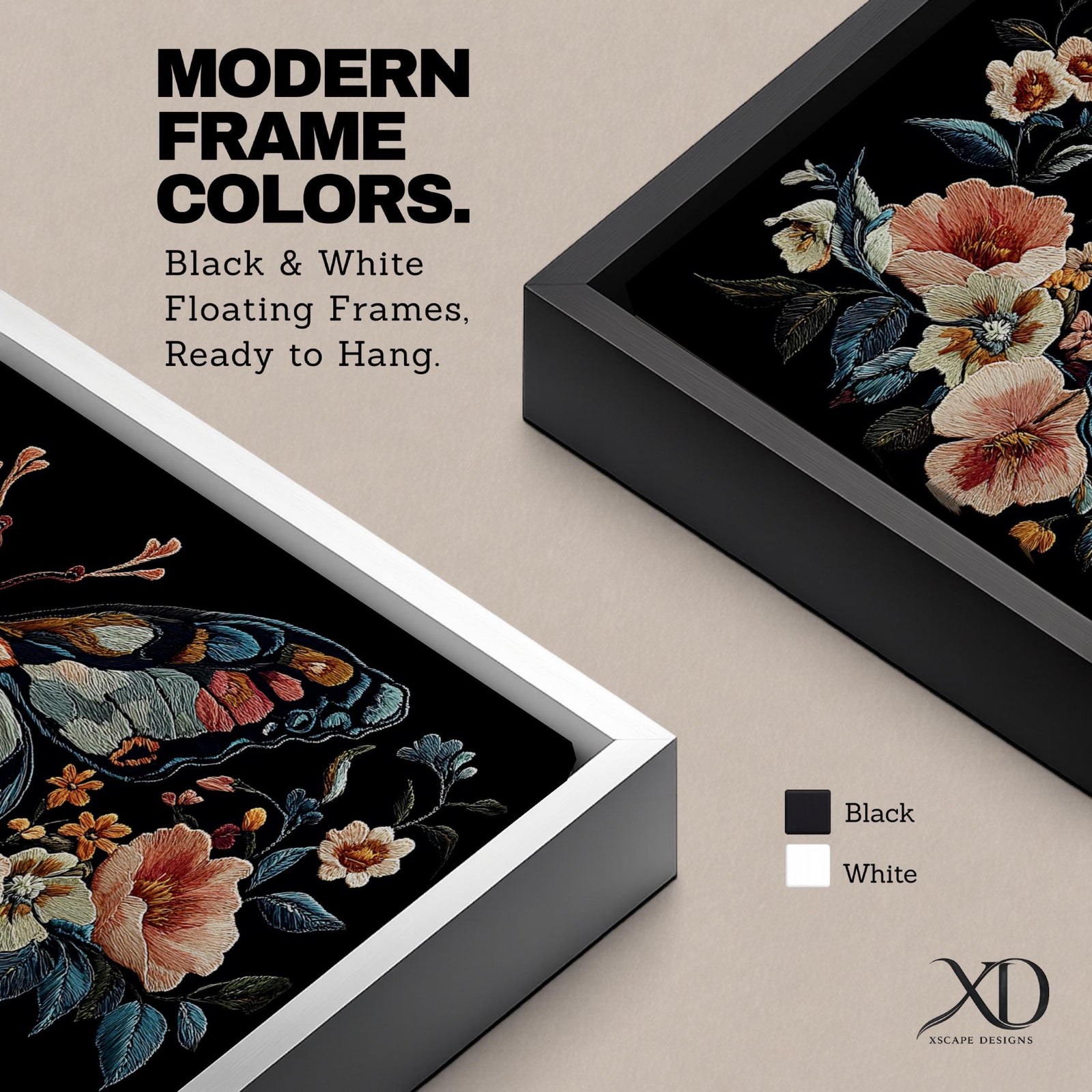 Panoramic artwork depicting a large symmetrical butterfly with intricate patterned wings in blue, cream, and rust tones surrounded by blooming flowers and leafy botanical elements. The composition resembles detailed embroidered textile artwork set against a deep black background with balanced floral arrangements framing the butterfly.