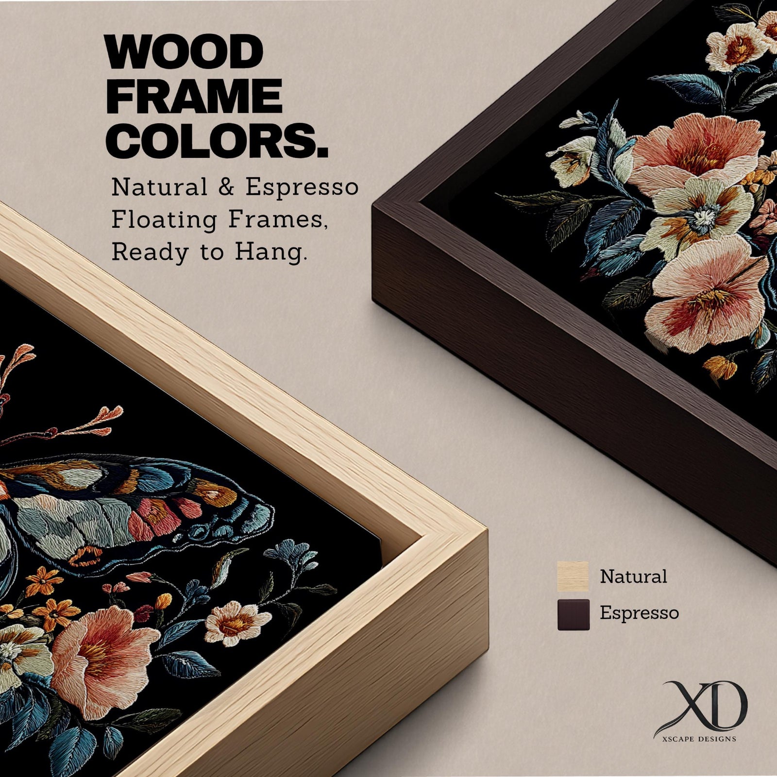 Panoramic artwork depicting a large symmetrical butterfly with intricate patterned wings in blue, cream, and rust tones surrounded by blooming flowers and leafy botanical elements. The composition resembles detailed embroidered textile artwork set against a deep black background with balanced floral arrangements framing the butterfly.