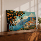 Panoramic coastal artwork showing a Mediterranean village overlooking the sea with white buildings and a domed church set against blue mountains. In the foreground a large lemon tree heavy with bright citrus fruit frames the scene while additional lemons and greenery fill the lower landscape, creating a vibrant Amalfi Coast inspired composition.
