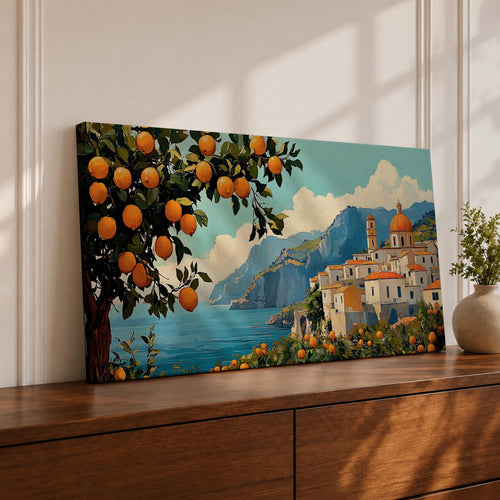 Panoramic coastal artwork showing a Mediterranean village overlooking the sea with white buildings and a domed church set against blue mountains. In the foreground a large lemon tree heavy with bright citrus fruit frames the scene while additional lemons and greenery fill the lower landscape, creating a vibrant Amalfi Coast inspired composition.